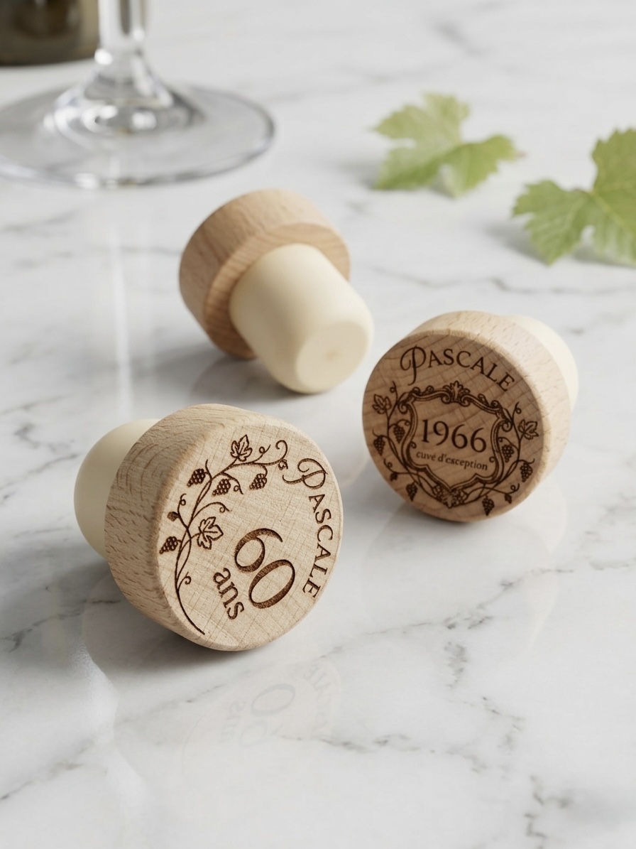 Bouchon de vin en bois personnalisé gravure laser - cadeau artisanal Mazamet Tarn