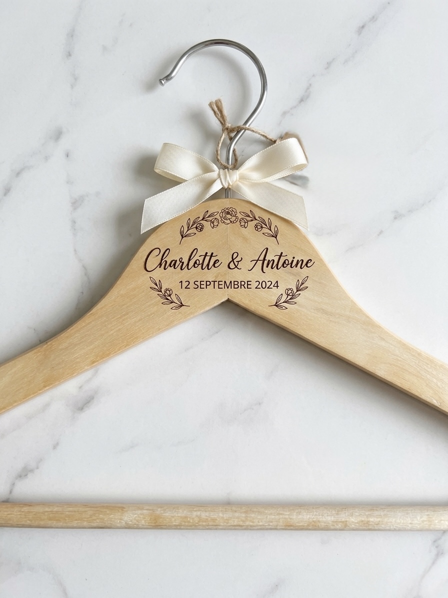 Cintre en bois personnalisé gravure laser - cadeau mariage Mazamet Tarn