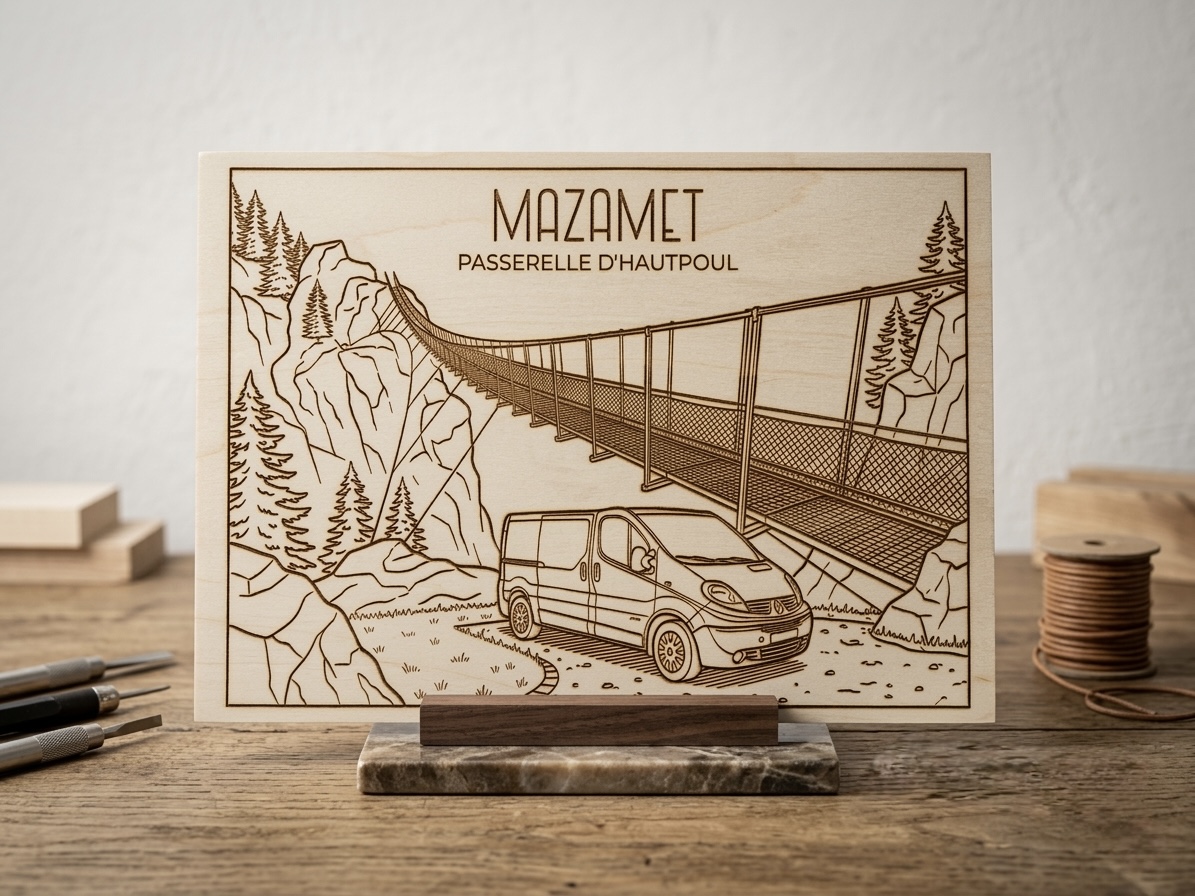 Gravure laser Passerelle de Mazamet sur bois - art mural personnalisé Tarn
